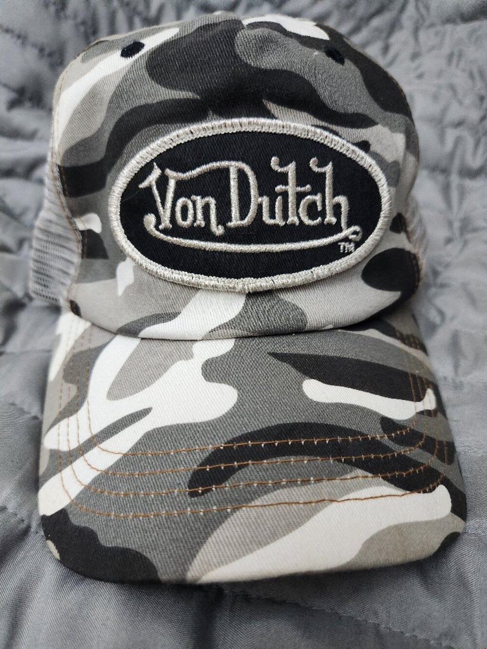 Von Dutch Gray Camo Pattern Logo Trucker Hat Snapback Cap Mesh Back Adjustable